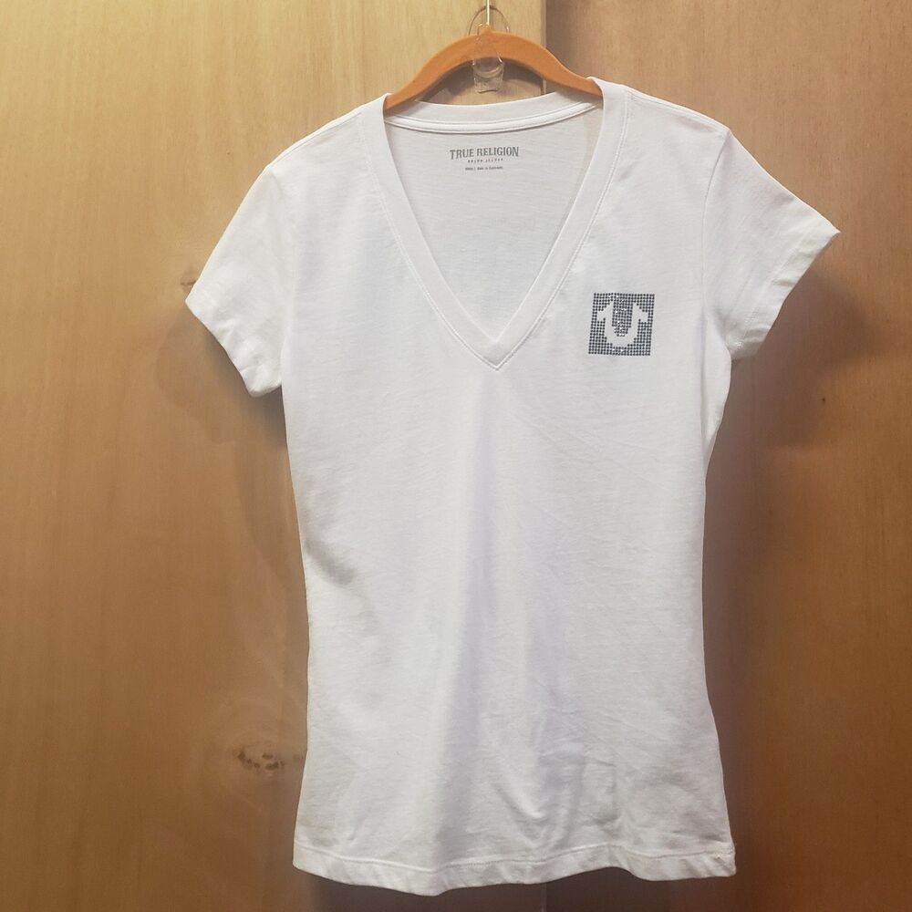 True Religion V-neck tee White XS W horseshoe logo in rhinestones ZZZ